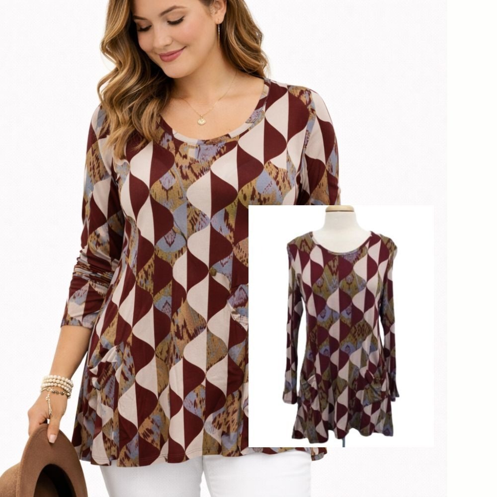 LOGO Lori Goldstein Tunic Top Geometric Long Sleeve Boho‎ Womens M